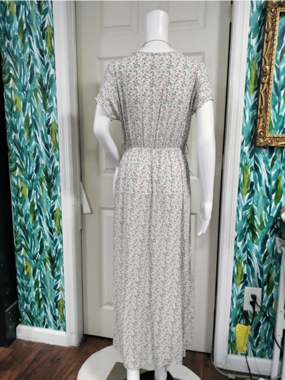 Made In Italy Short Sleeve Floral Print V Neck Maxi Dress White Pink Women's L - Picture 6 of 13